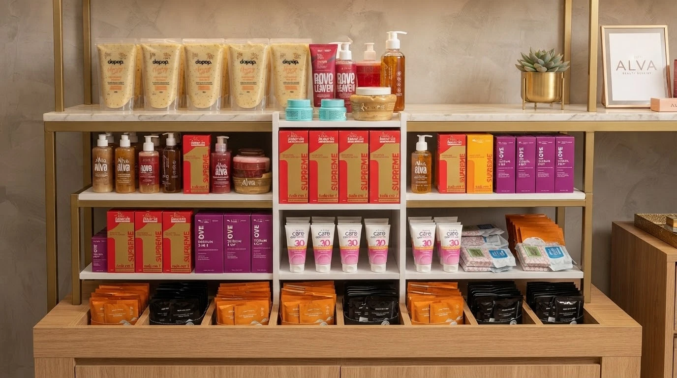 Prateleira com produtos de beleza e skincare da curadoria Sete Sóis.